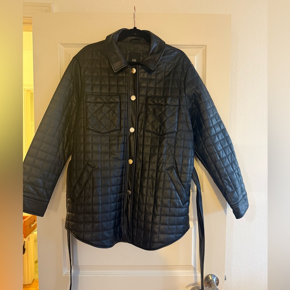 Black Pleather Quilted Jacket with Belt